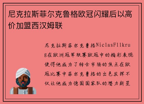 尼克拉斯菲尔克鲁格欧冠闪耀后以高价加盟西汉姆联 尼克拉斯菲尔克鲁格欧冠闪耀后以高价加盟西汉姆联