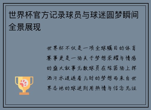 世界杯官方记录球员与球迷圆梦瞬间全景展现